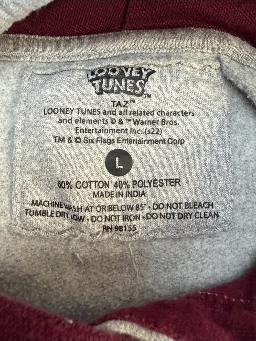 Warner Bros. TAZ Six Flags Pullover Hoodie - Gray with Maroon Lining Size Large - Picture 4 of 5